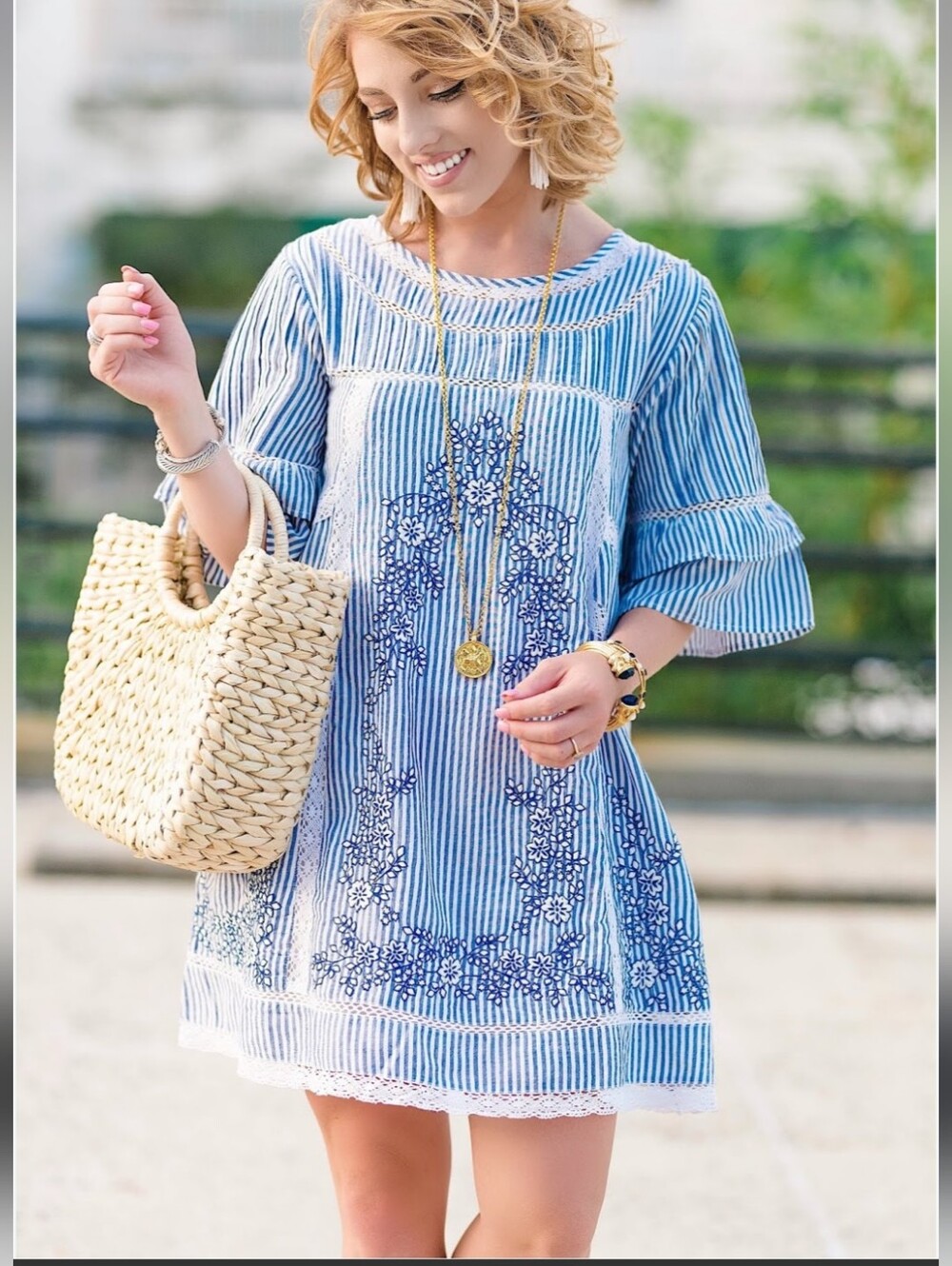 Free People Sunny Day Blue & White Striped Mini Dress, M